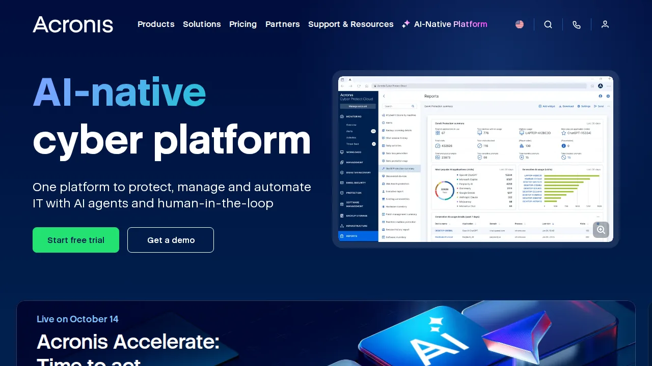 Acronis Cyber Protect Interface do produto (captura do site)