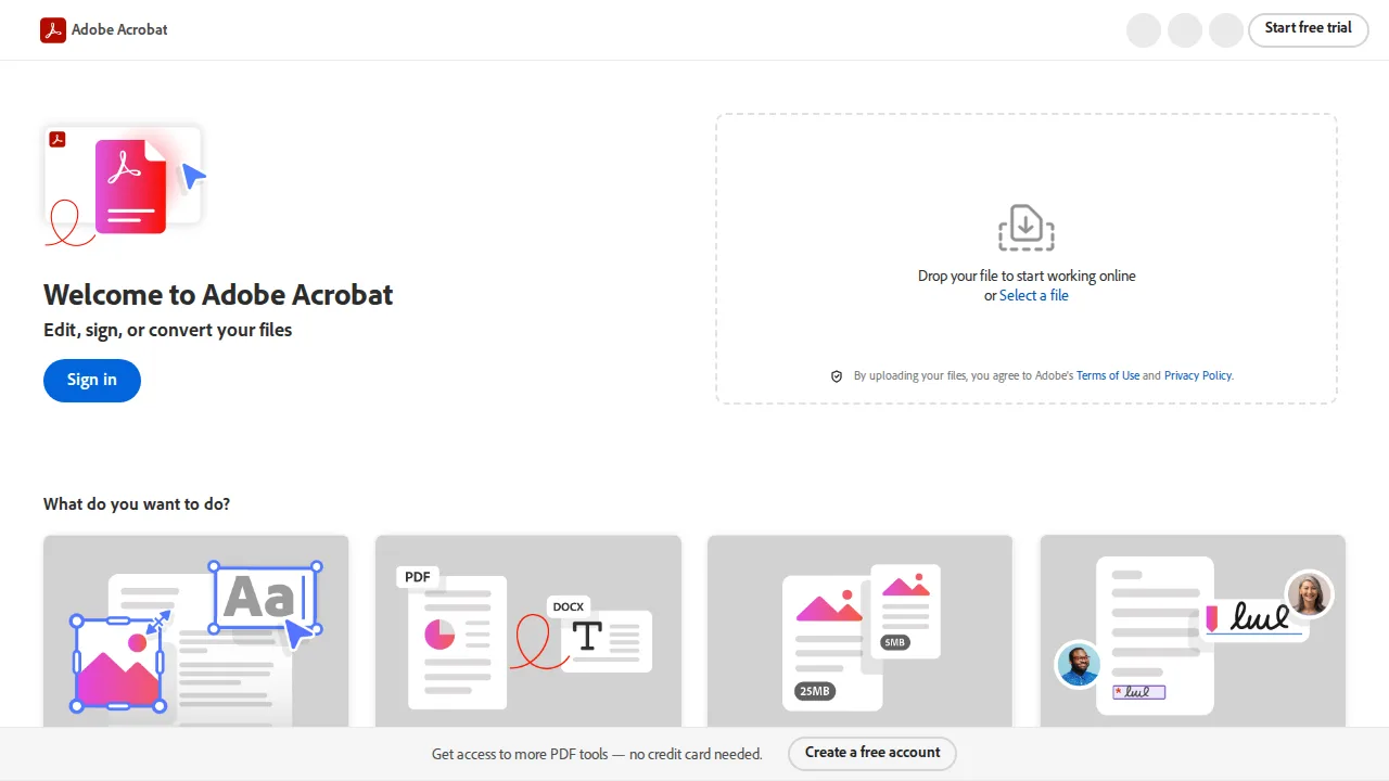 Adobe Acrobat Ürün arayüzü (site ekran görüntüsü)