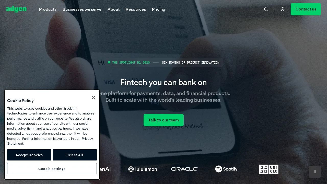 Adyen Product interface (marketing site capture)