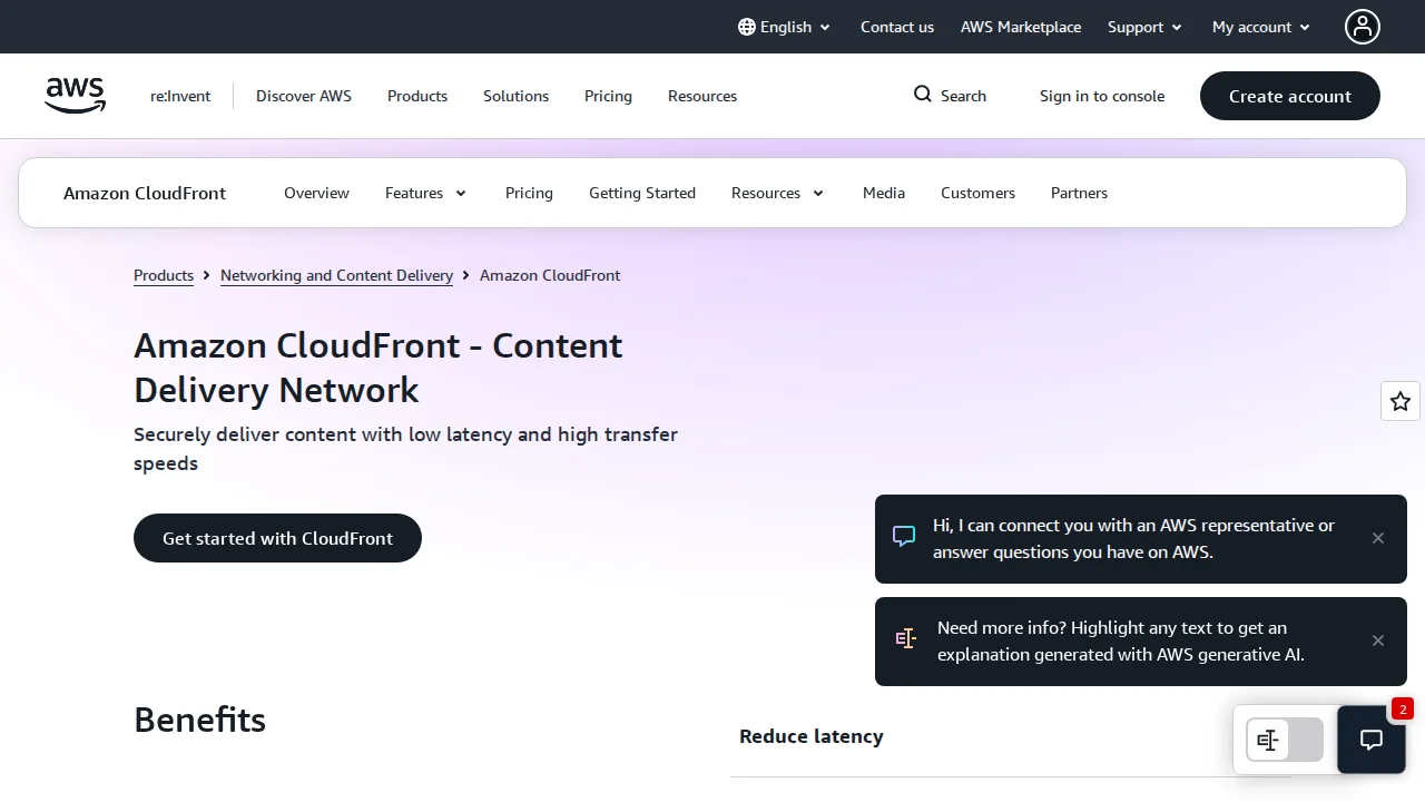 Amazon CloudFront Product interface (marketing site capture)