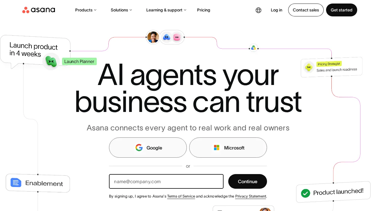 Asana واجهة المنتج (لقطة من الموقع)