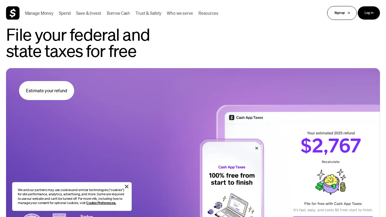 Cash App Taxes Product interface (marketing site capture)