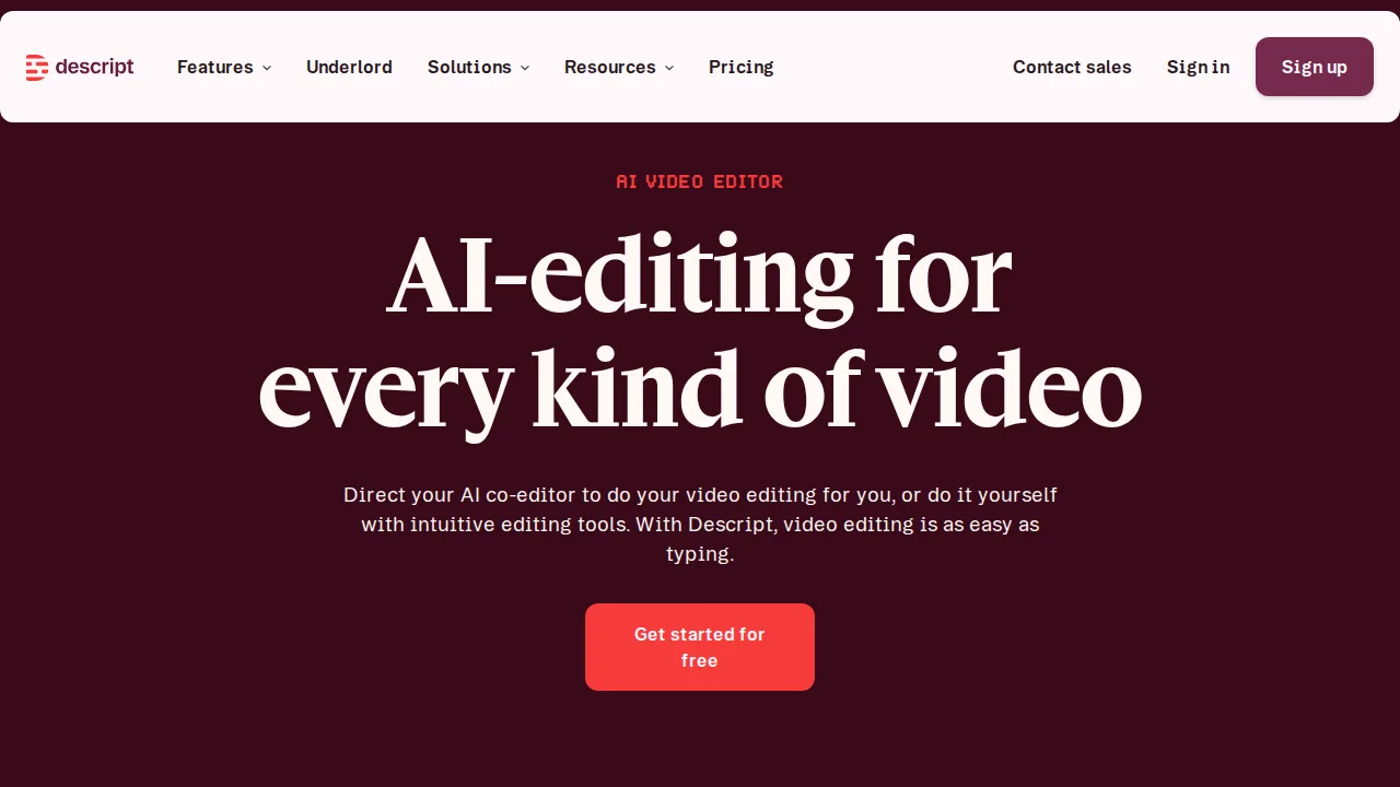Descript Product interface (marketing site capture)