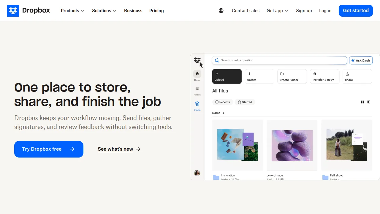 Dropbox Ürün arayüzü (site ekran görüntüsü)