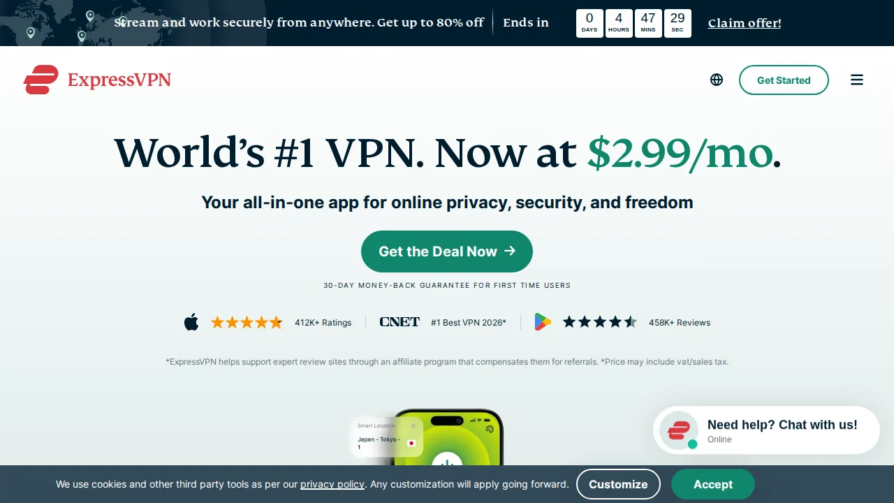 ExpressVPN واجهة المنتج (لقطة من الموقع)