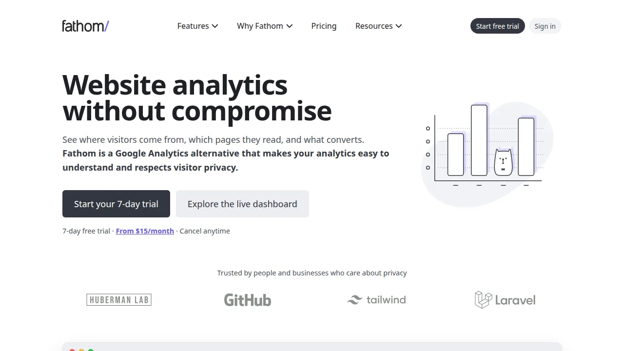 Fathom Analytics Ürün arayüzü (site ekran görüntüsü)