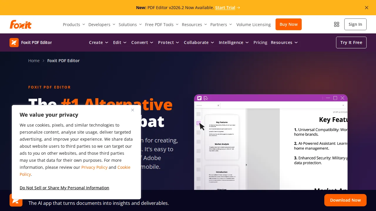 Foxit PDF Editor Ürün arayüzü (site ekran görüntüsü)