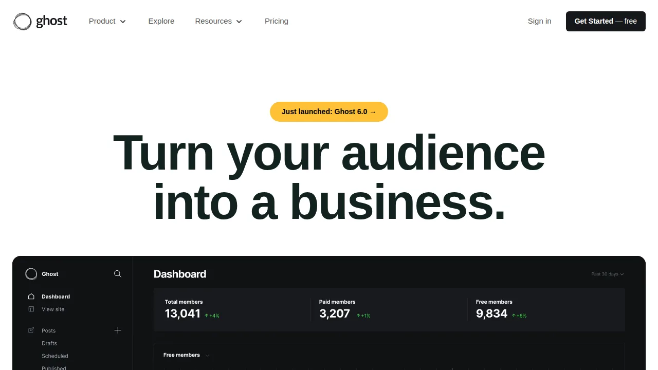 Ghost Product interface (marketing site capture)
