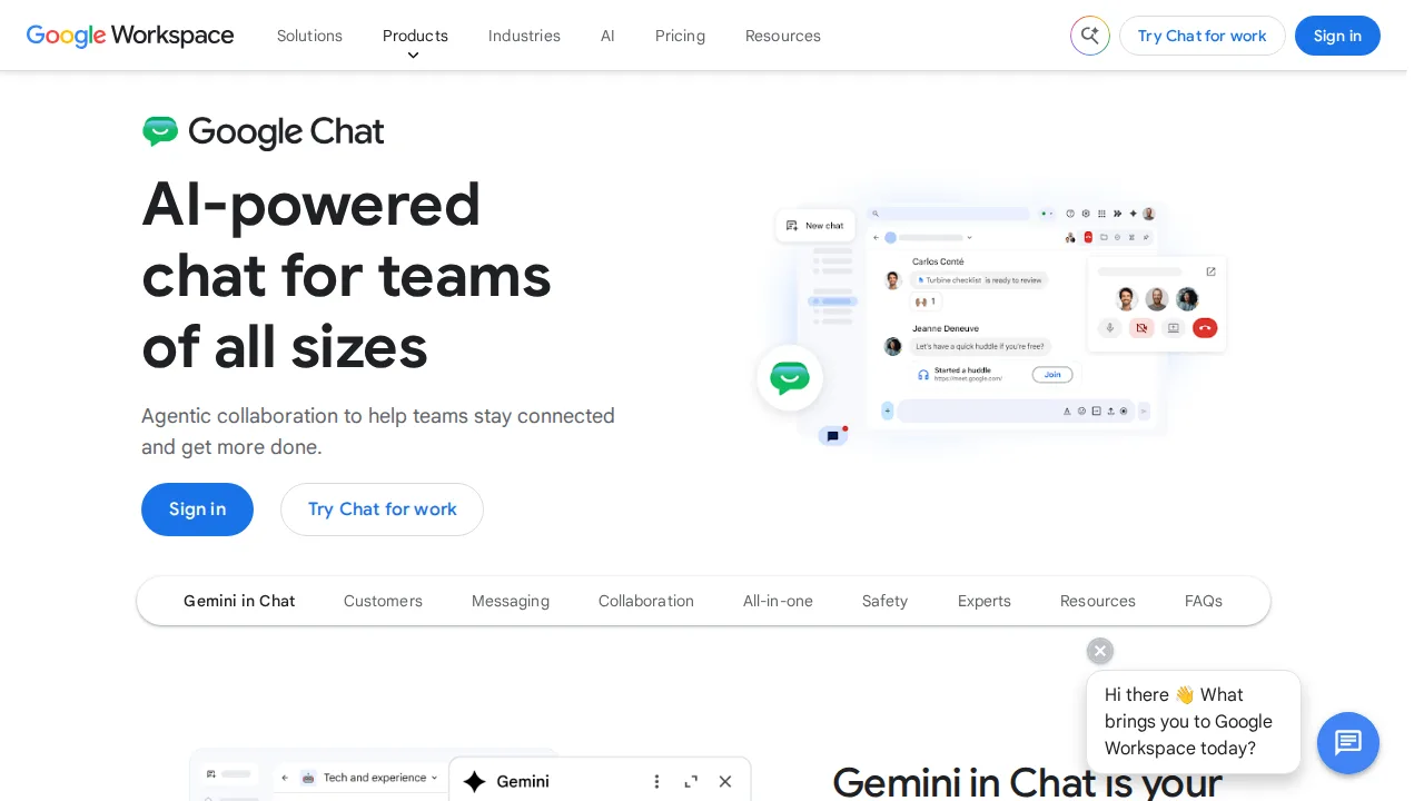 Google Chat Ürün arayüzü (site ekran görüntüsü)