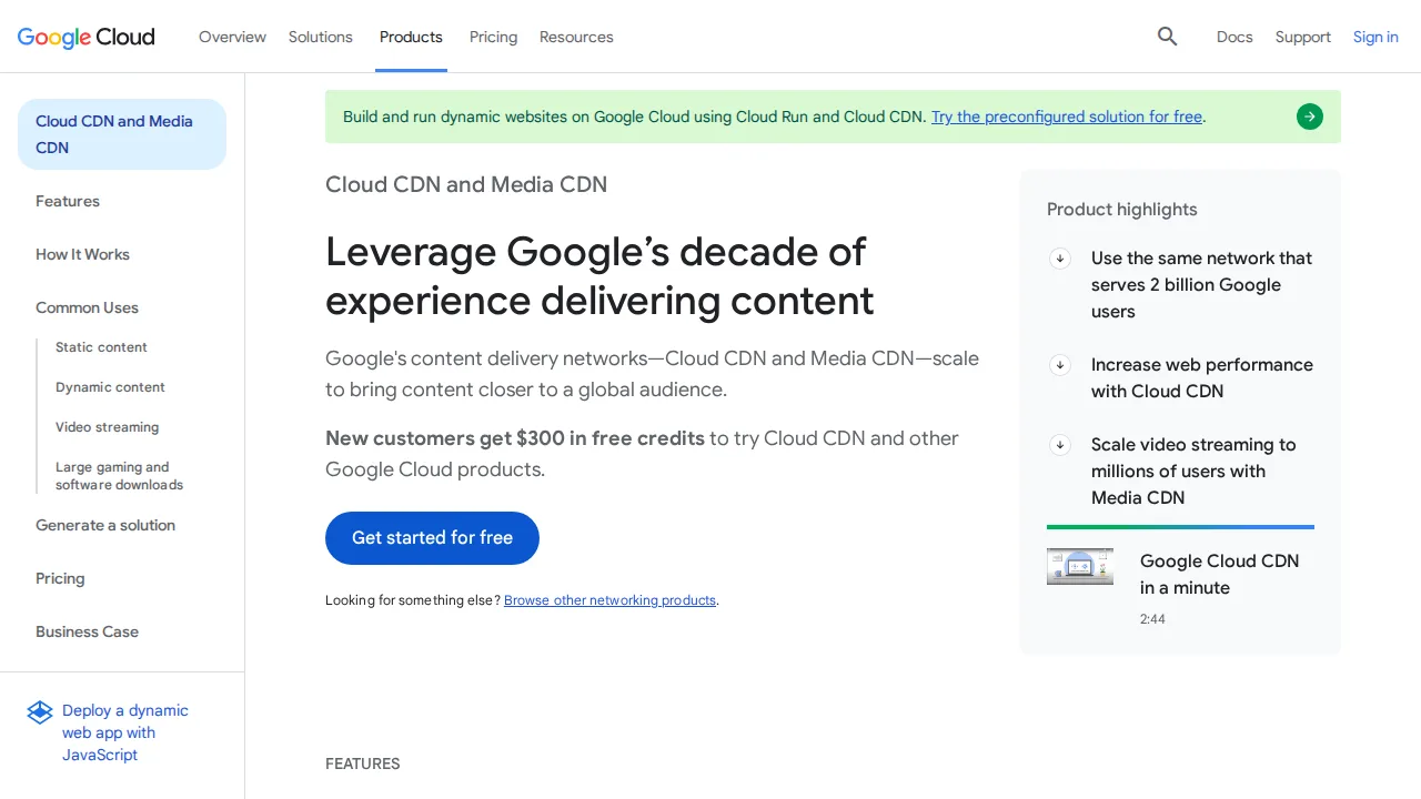 Google Cloud CDN Product interface (marketing site capture)