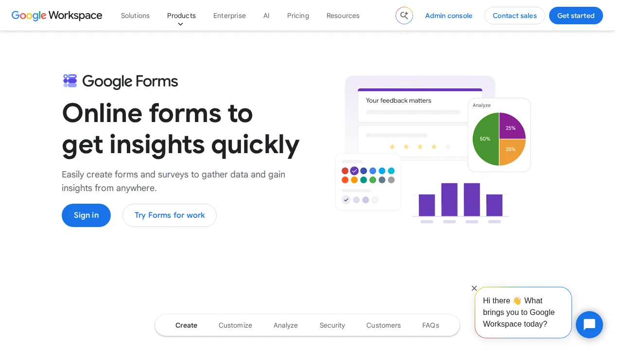 Google Forms Product interface (marketing site capture)