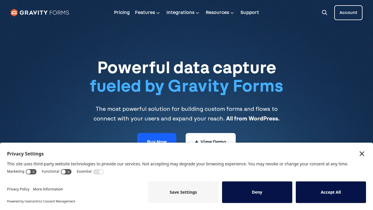 Gravity Forms Product interface (marketing site capture)