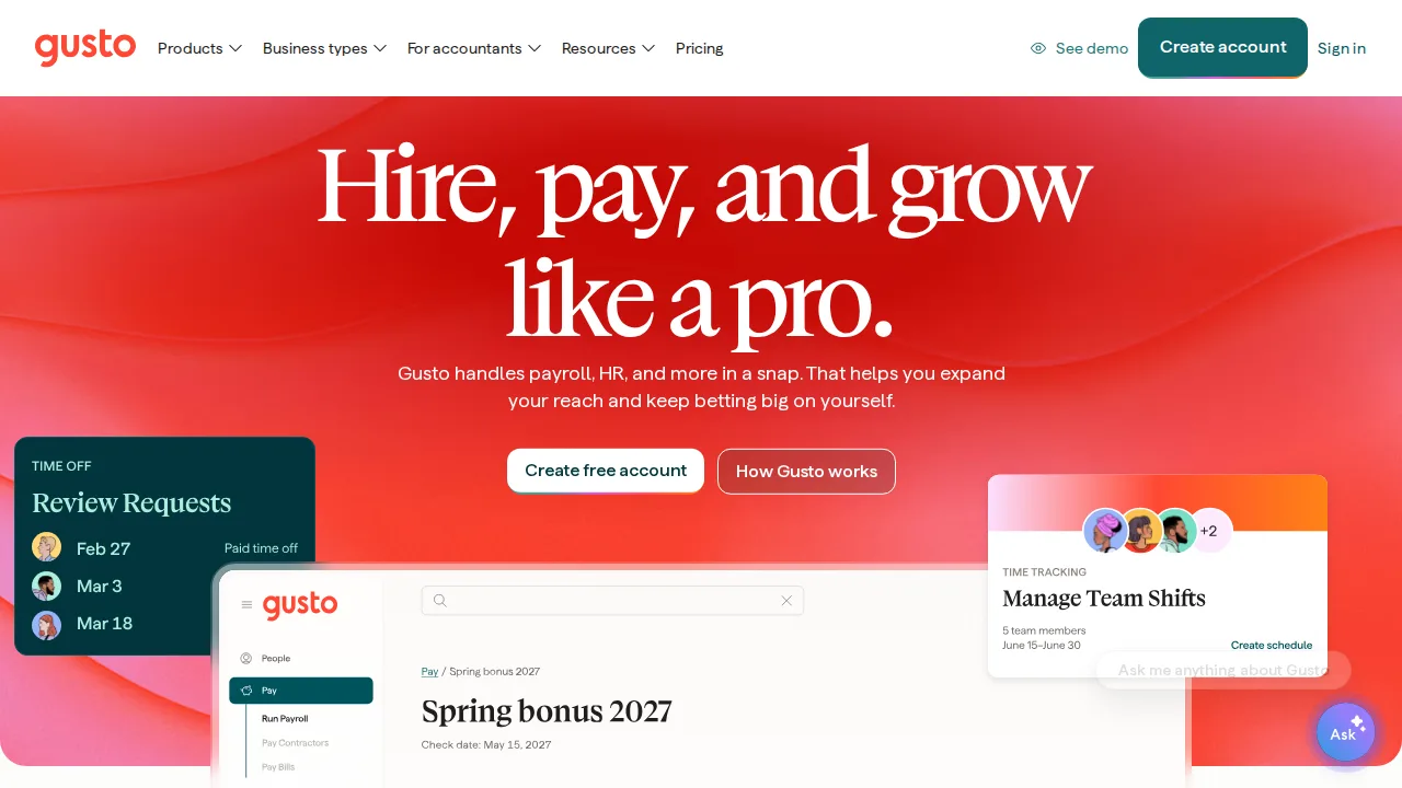 Gusto Product interface (marketing site capture)