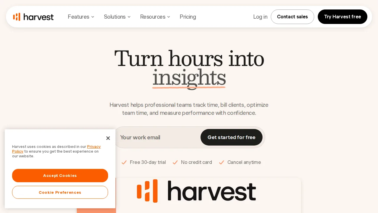 Harvest Ürün arayüzü (site ekran görüntüsü)