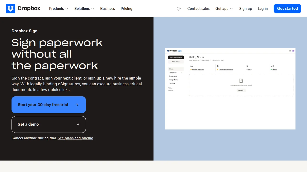 HelloSign (Dropbox Sign) Product interface (marketing site capture)