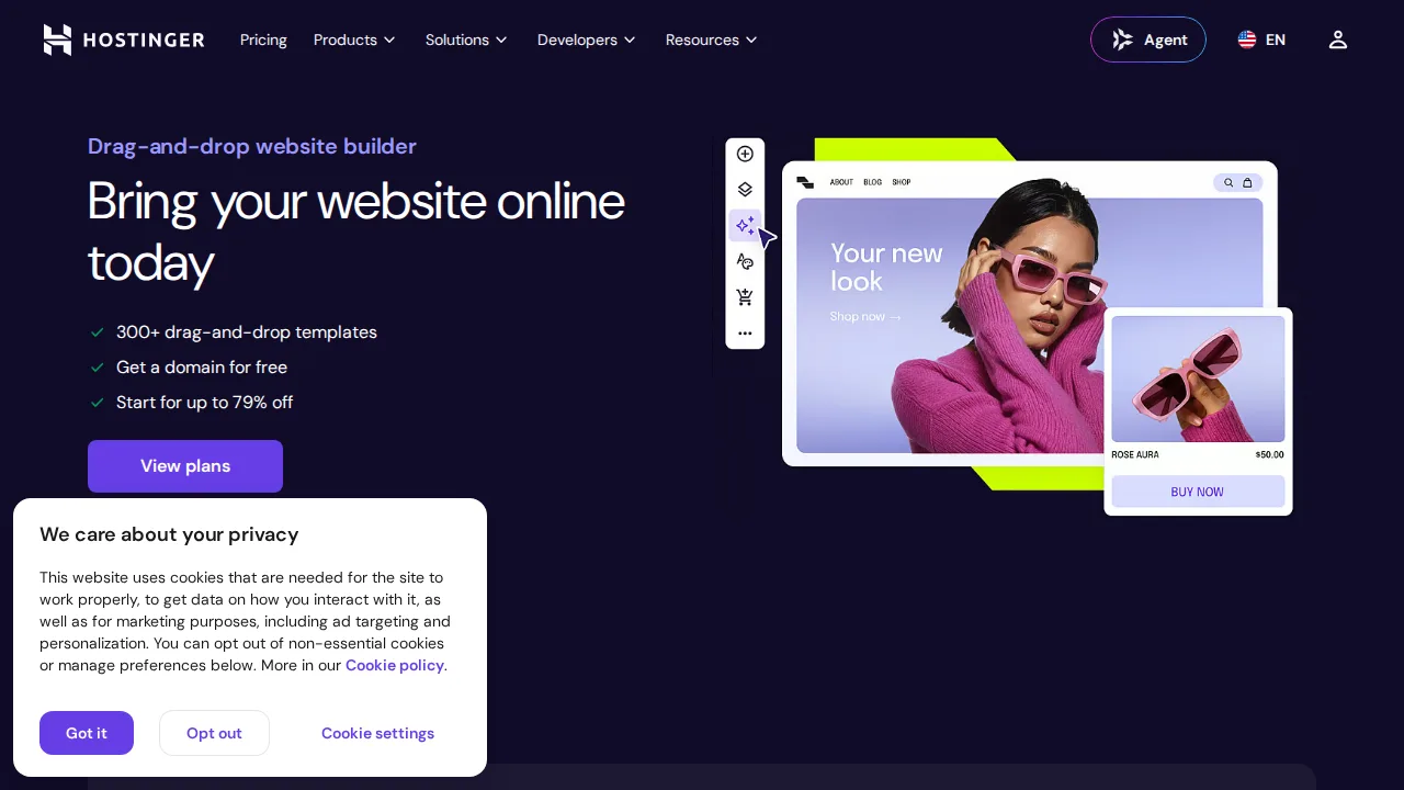 Hostinger Website Builder Interfejs produktu (zrzut ze strony)