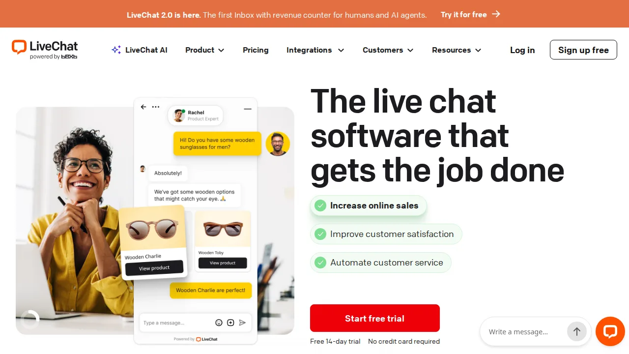 LiveChat Interface do produto (captura do site)