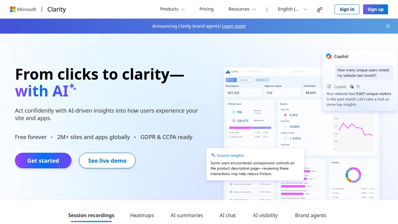 Microsoft Clarity Product interface (marketing site capture)