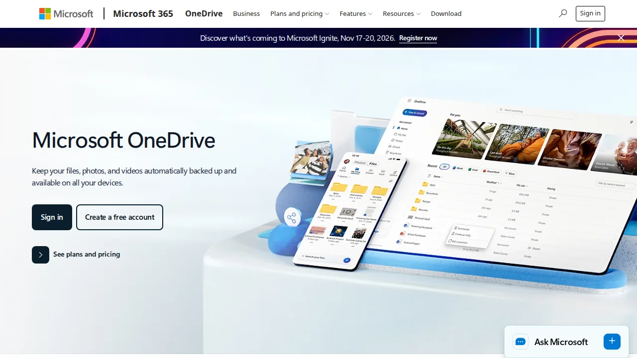 Microsoft OneDrive Ürün arayüzü (site ekran görüntüsü)