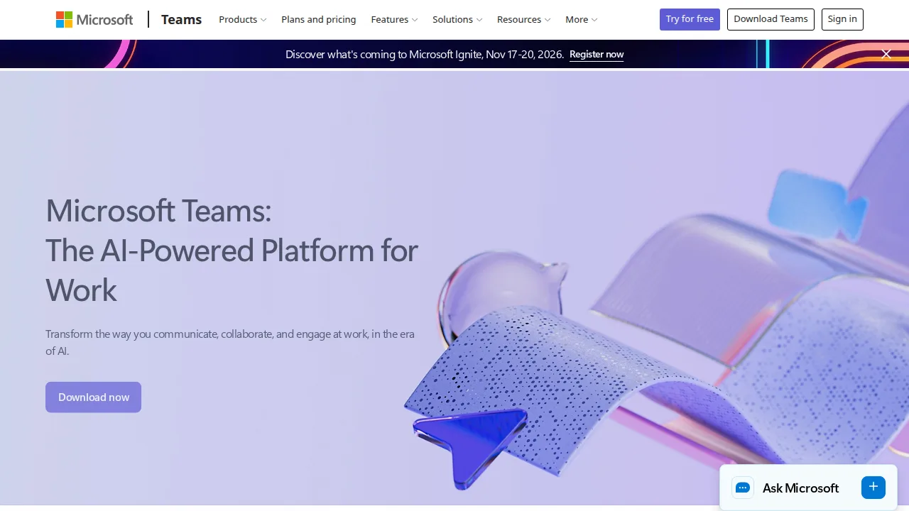 Microsoft Teams Ürün arayüzü (site ekran görüntüsü)