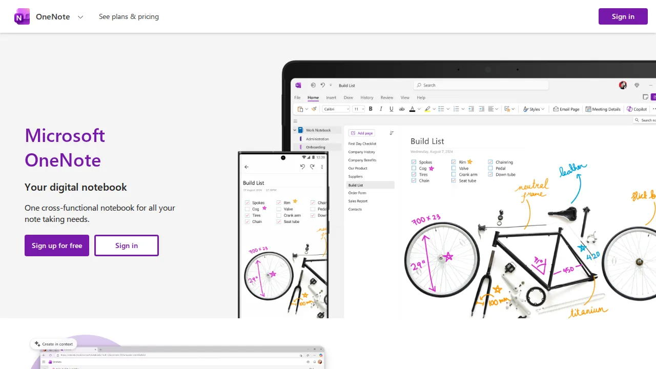 OneNote Ürün arayüzü (site ekran görüntüsü)