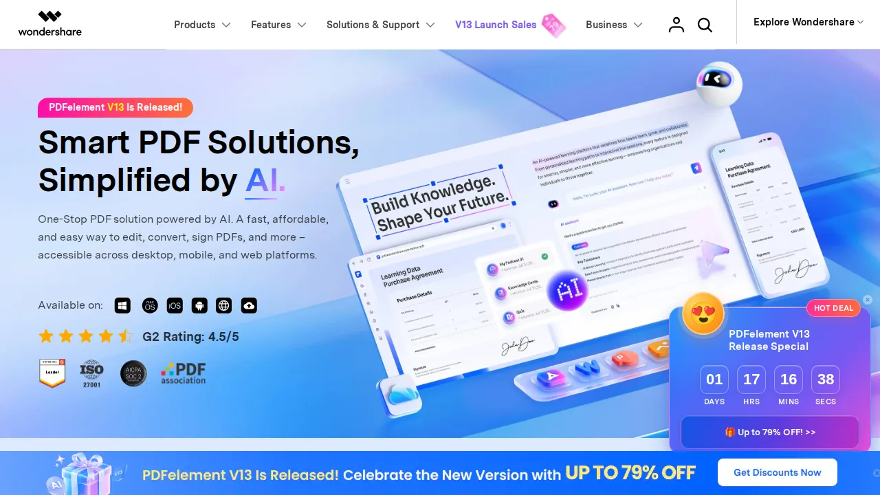 PDFelement (Wondershare) Ürün arayüzü (site ekran görüntüsü)