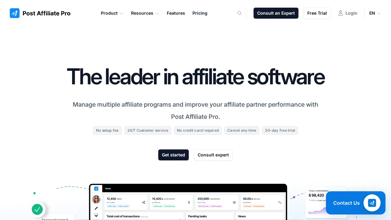 Post Affiliate Pro Product interface (marketing site capture)