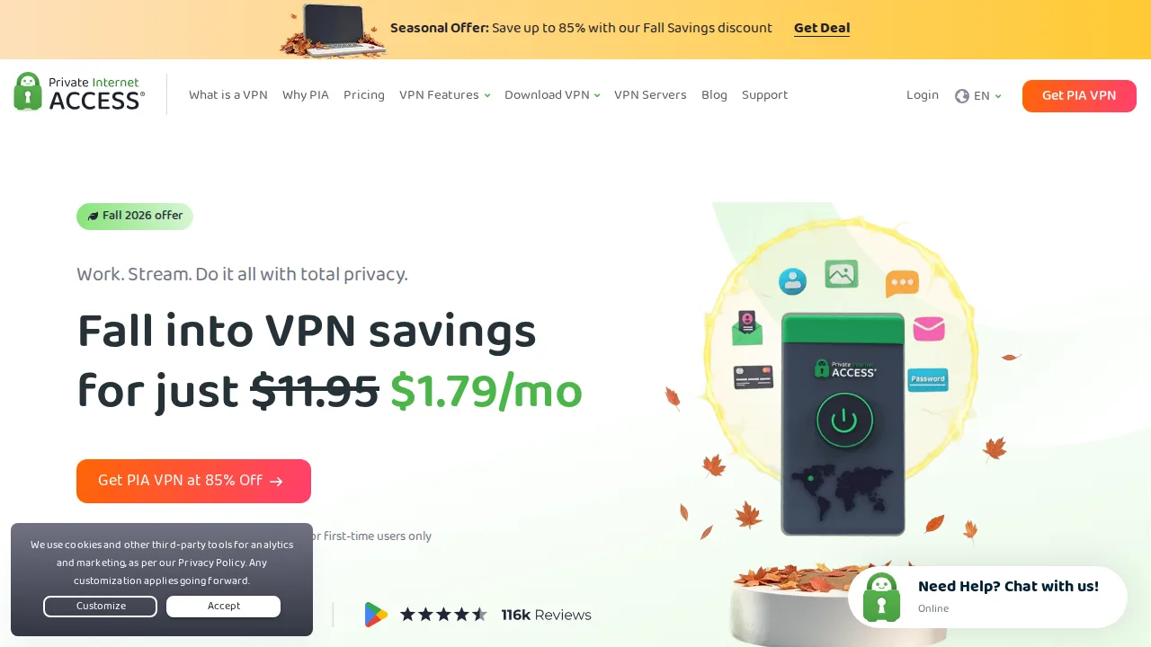 Private Internet Access واجهة المنتج (لقطة من الموقع)