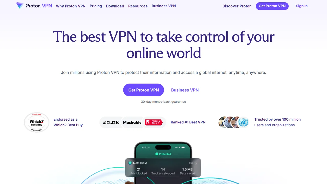 Proton VPN واجهة المنتج (لقطة من الموقع)