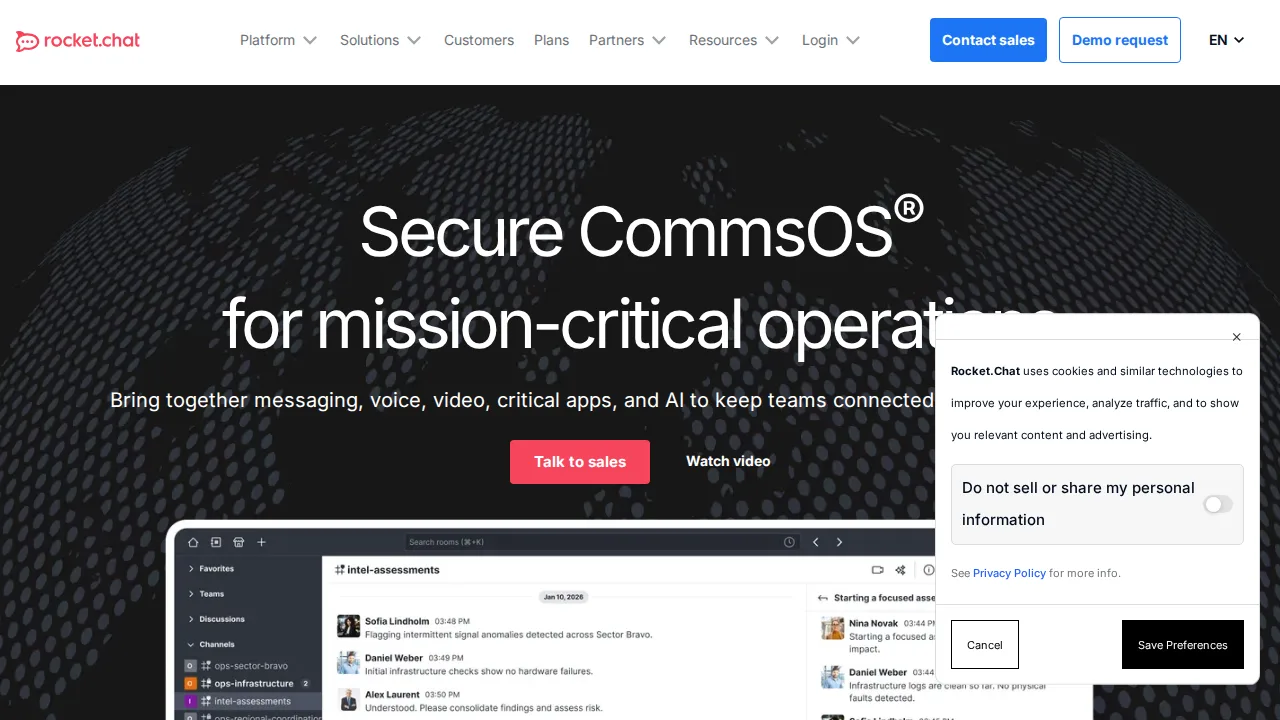 Rocket.Chat Ürün arayüzü (site ekran görüntüsü)