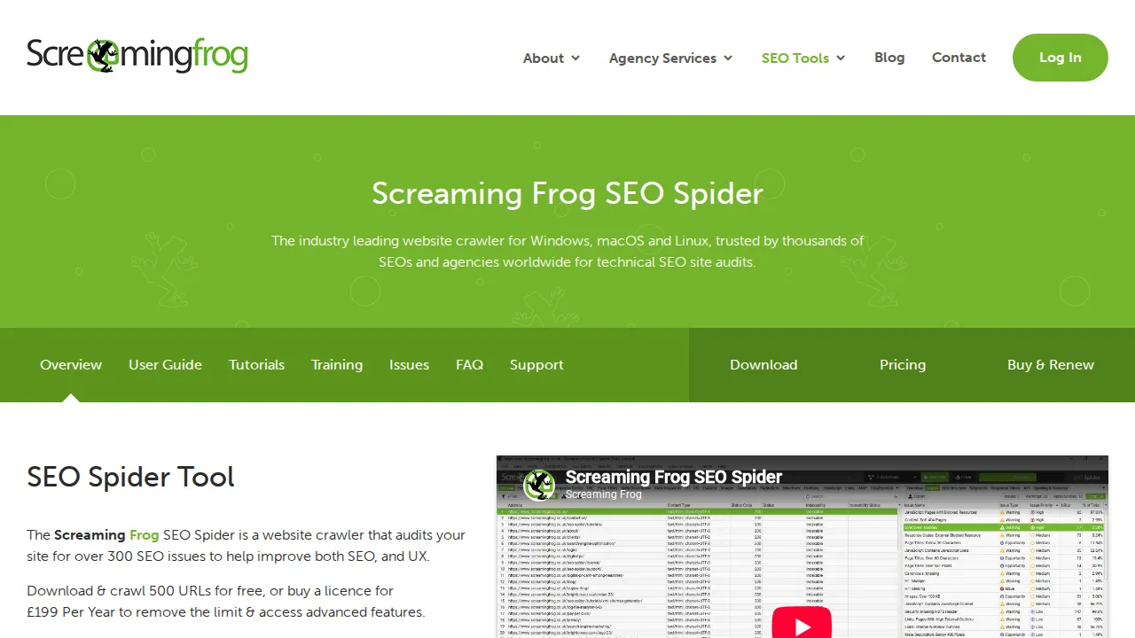 Screaming Frog Product interface (marketing site capture)