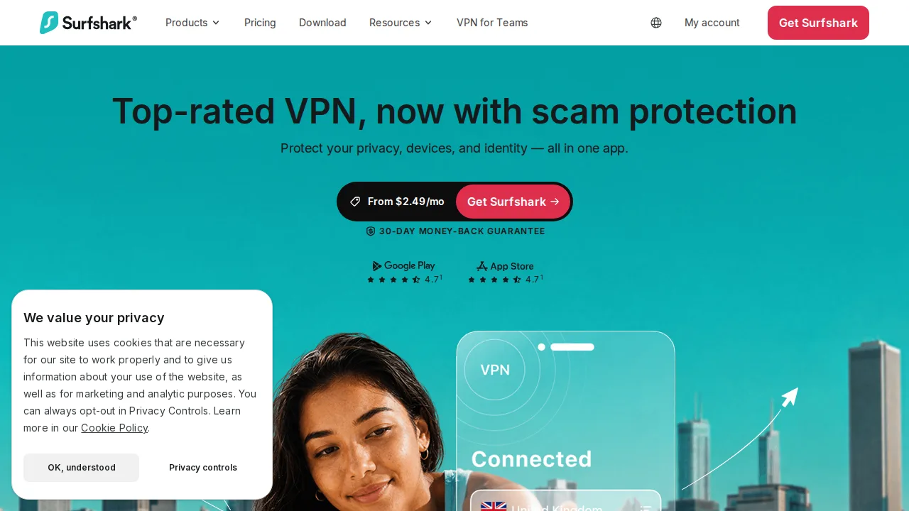 Surfshark واجهة المنتج (لقطة من الموقع)