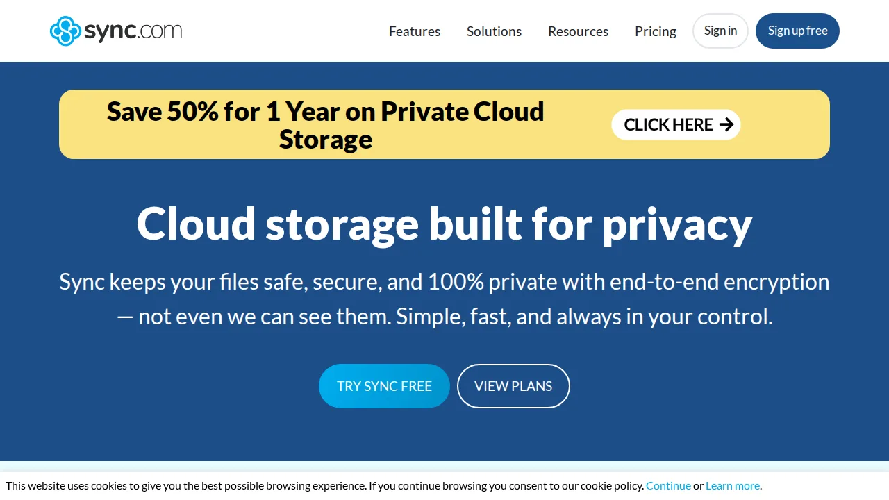 Sync.com Ürün arayüzü (site ekran görüntüsü)