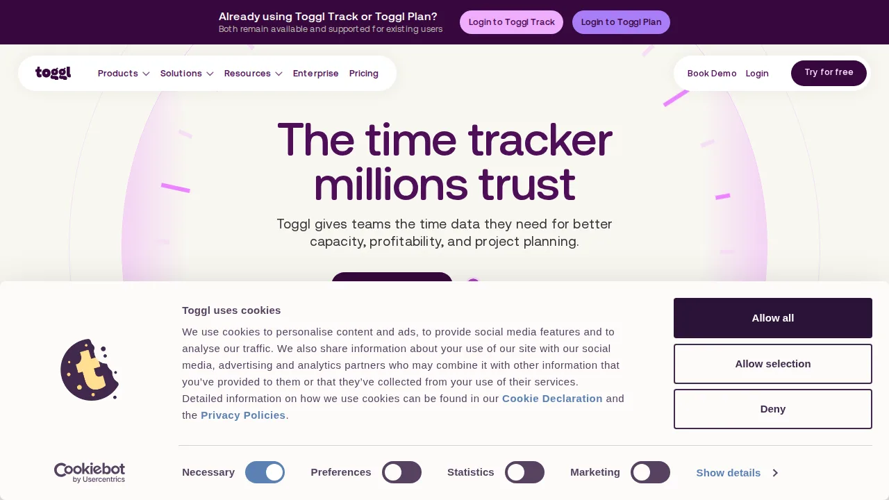 Toggl Track Ürün arayüzü (site ekran görüntüsü)