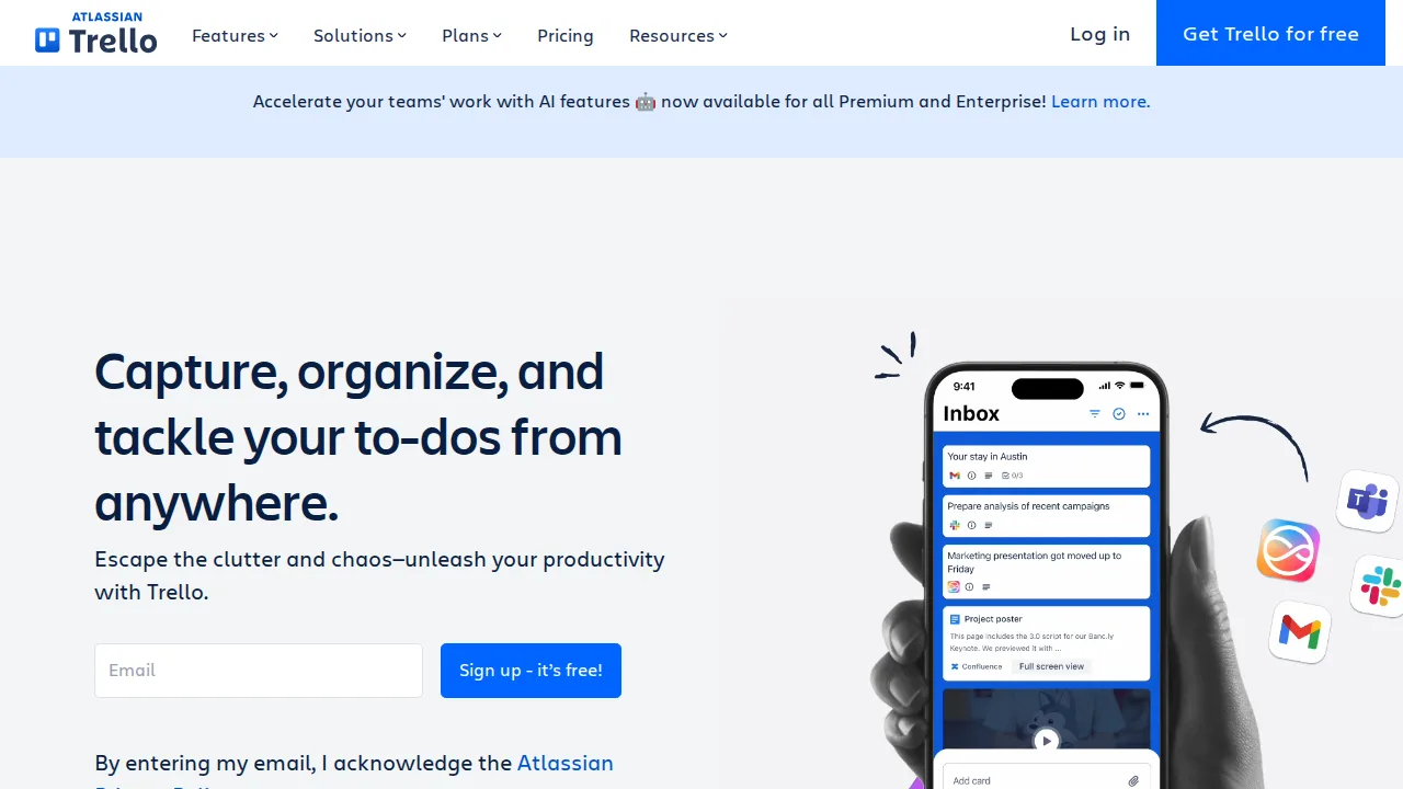 Trello (Atlassian) واجهة المنتج (لقطة من الموقع)