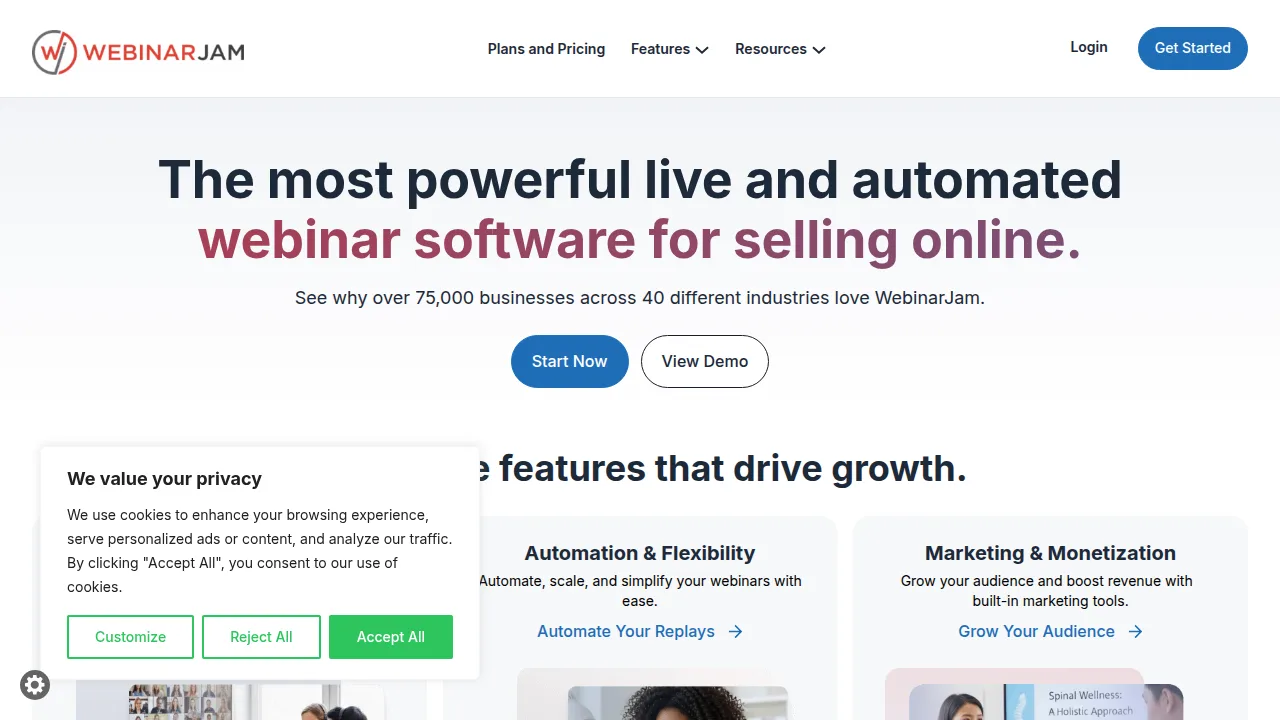 WebinarJam Product interface (marketing site capture)
