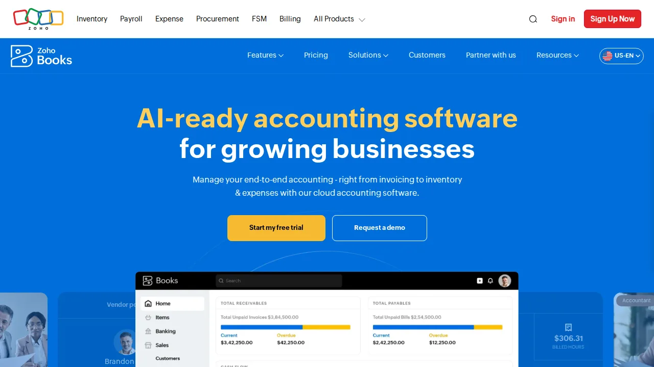 Zoho Books Product interface (marketing site capture)