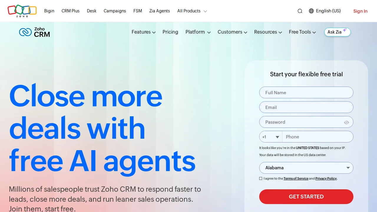 Zoho CRM Ürün arayüzü (site ekran görüntüsü)