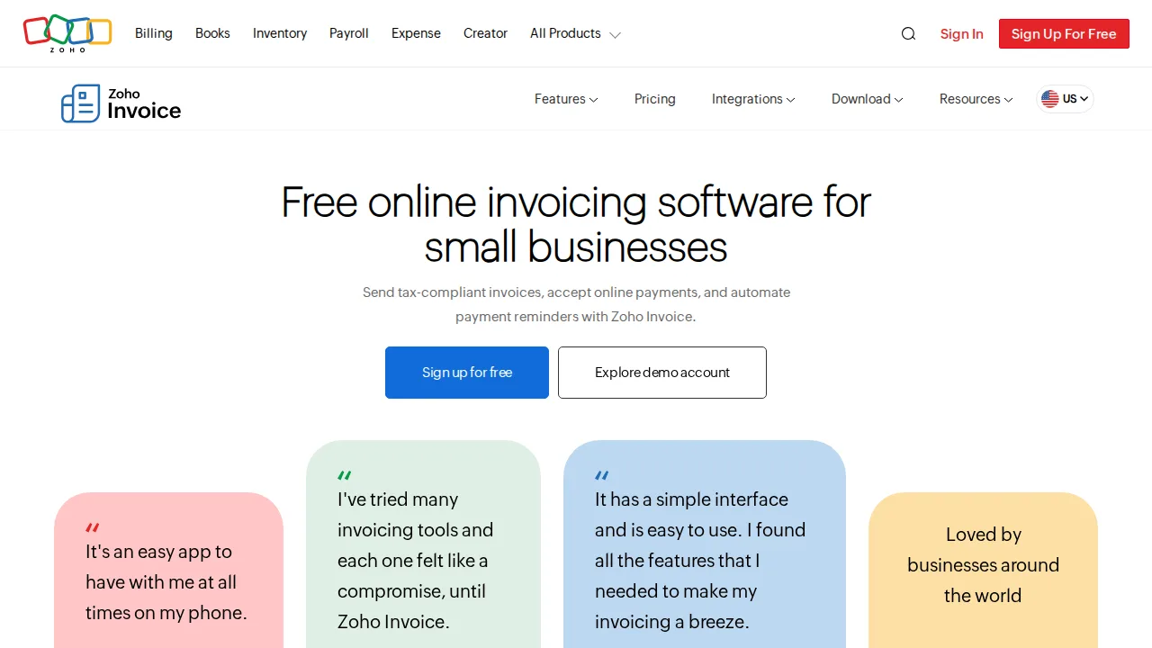 Zoho Invoice Product interface (marketing site capture)