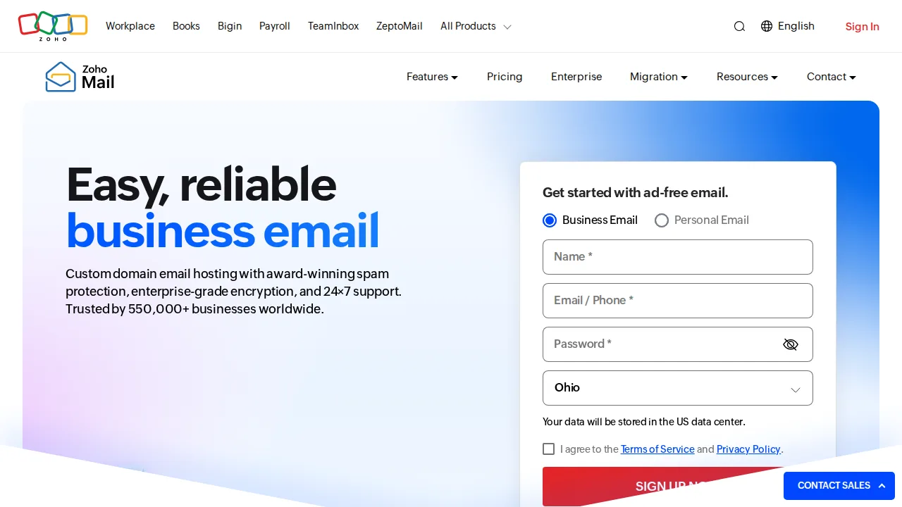 Zoho Mail Product interface (marketing site capture)