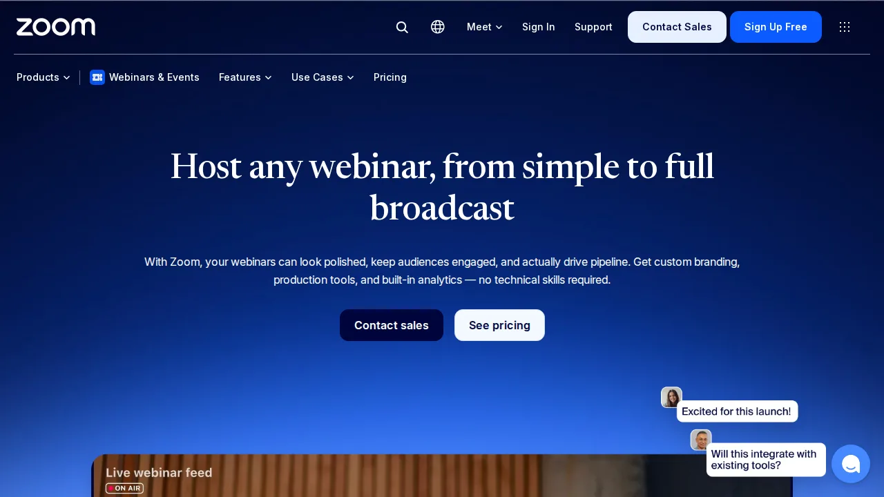 Zoom Webinars Product interface (marketing site capture)